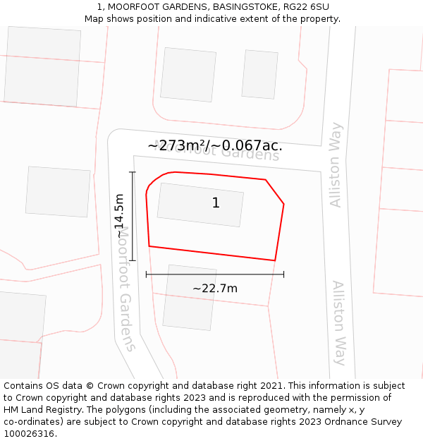 1, MOORFOOT GARDENS, BASINGSTOKE, RG22 6SU: Plot and title map