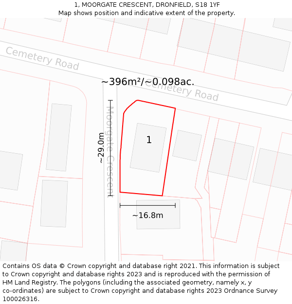 1, MOORGATE CRESCENT, DRONFIELD, S18 1YF: Plot and title map