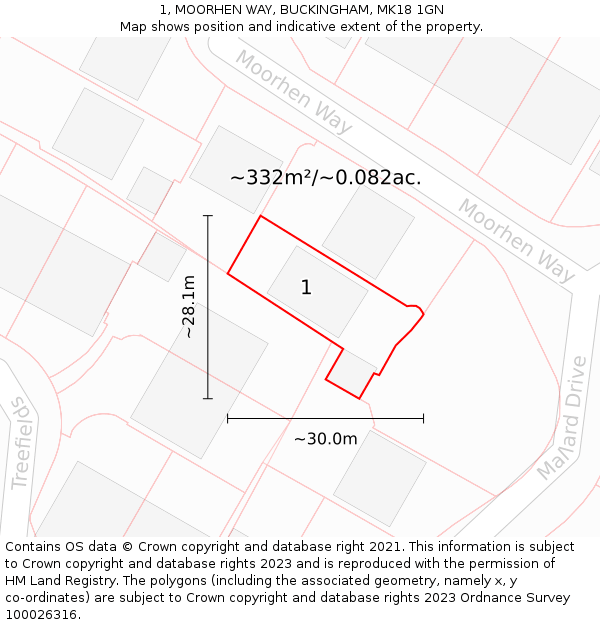 1, MOORHEN WAY, BUCKINGHAM, MK18 1GN: Plot and title map