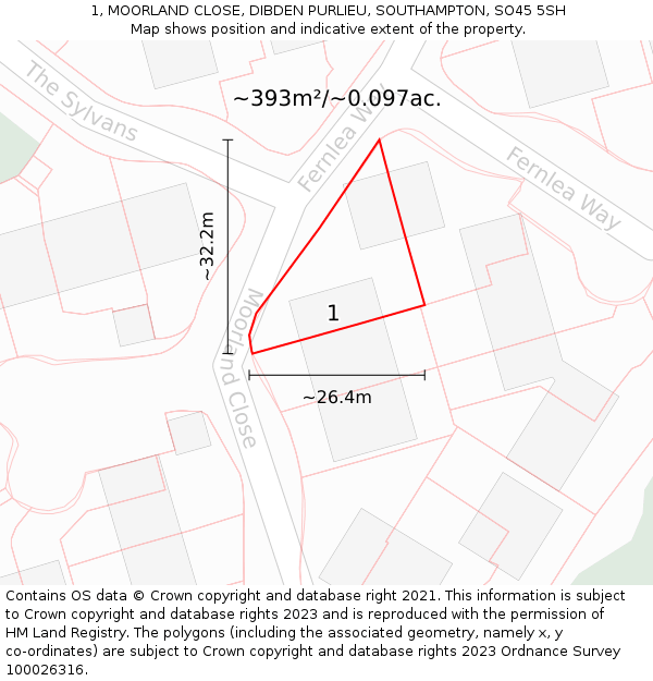 1, MOORLAND CLOSE, DIBDEN PURLIEU, SOUTHAMPTON, SO45 5SH: Plot and title map