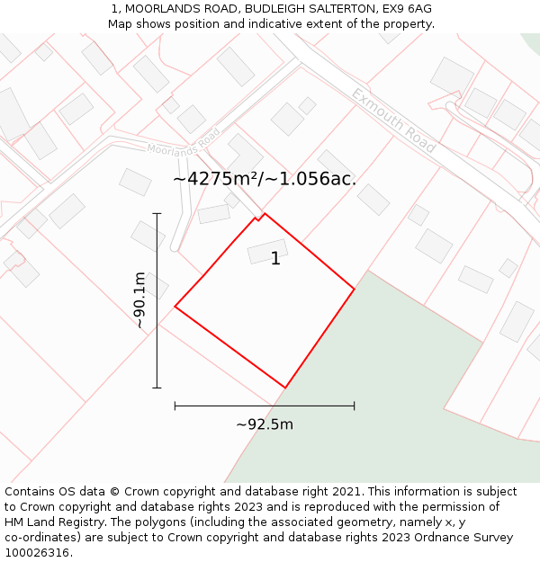 1, MOORLANDS ROAD, BUDLEIGH SALTERTON, EX9 6AG: Plot and title map