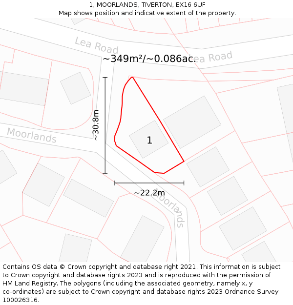 1, MOORLANDS, TIVERTON, EX16 6UF: Plot and title map