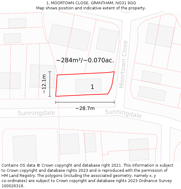 1, MOORTOWN CLOSE, GRANTHAM, NG31 9GG: Plot and title map