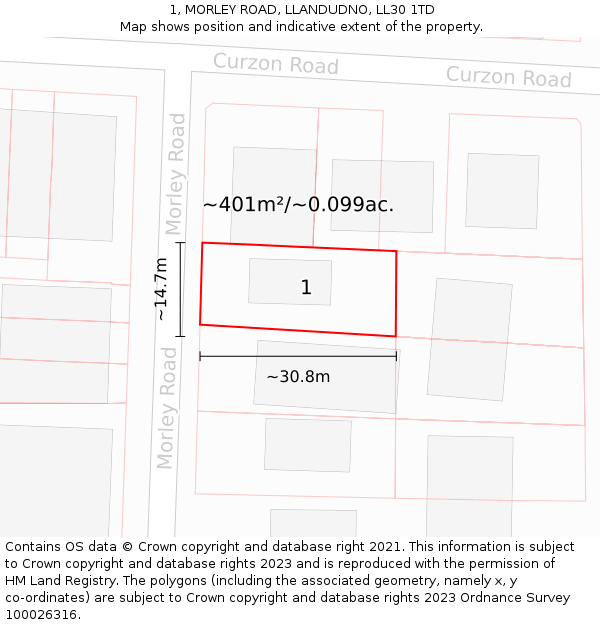 1, MORLEY ROAD, LLANDUDNO, LL30 1TD: Plot and title map