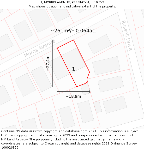 1, MORRIS AVENUE, PRESTATYN, LL19 7YT: Plot and title map