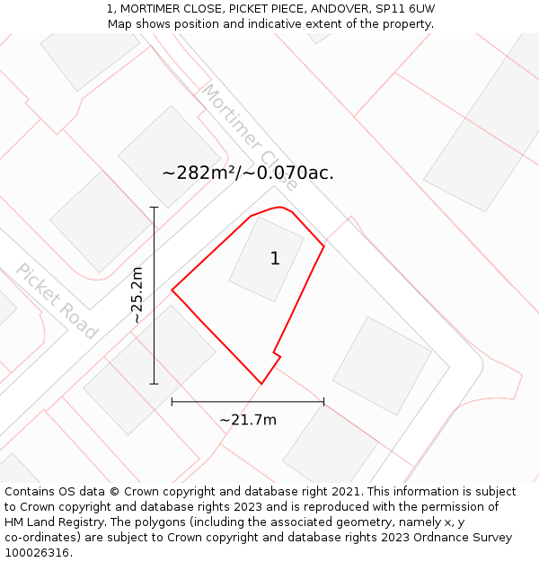 1, MORTIMER CLOSE, PICKET PIECE, ANDOVER, SP11 6UW: Plot and title map