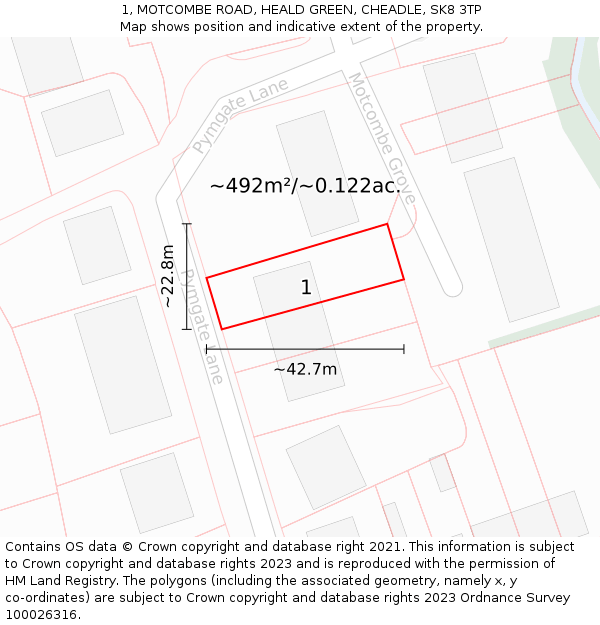 1, MOTCOMBE ROAD, HEALD GREEN, CHEADLE, SK8 3TP: Plot and title map