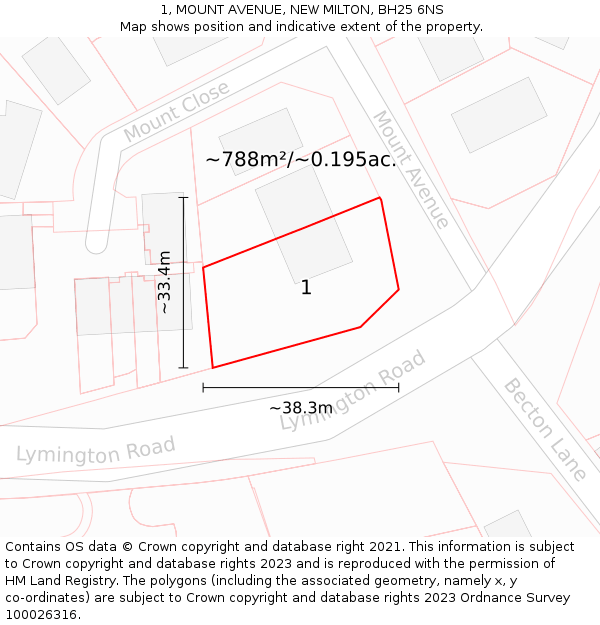 1, MOUNT AVENUE, NEW MILTON, BH25 6NS: Plot and title map