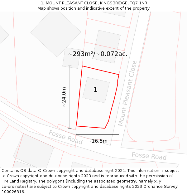 1, MOUNT PLEASANT CLOSE, KINGSBRIDGE, TQ7 1NR: Plot and title map