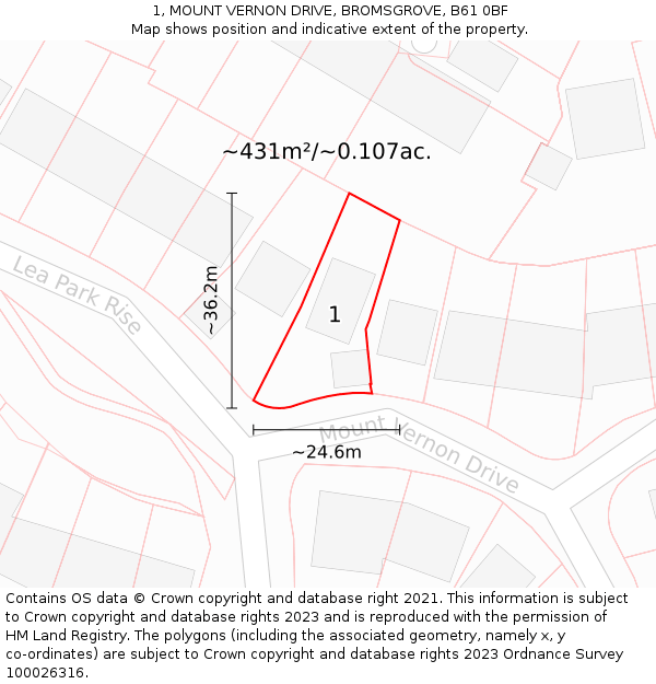 1, MOUNT VERNON DRIVE, BROMSGROVE, B61 0BF: Plot and title map