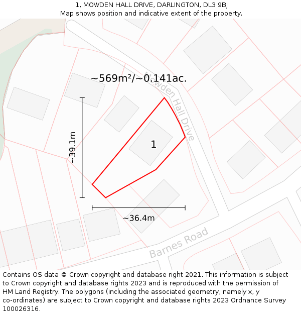 1, MOWDEN HALL DRIVE, DARLINGTON, DL3 9BJ: Plot and title map