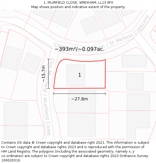 1, MUIRFIELD CLOSE, WREXHAM, LL13 9FX: Plot and title map