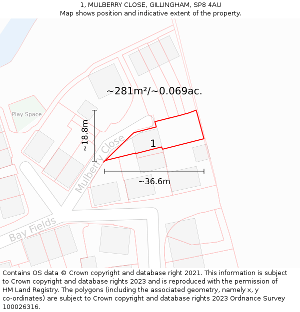 1, MULBERRY CLOSE, GILLINGHAM, SP8 4AU: Plot and title map