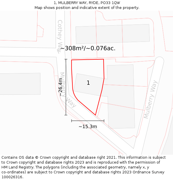 1, MULBERRY WAY, RYDE, PO33 1QW: Plot and title map