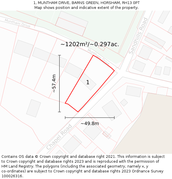 1, MUNTHAM DRIVE, BARNS GREEN, HORSHAM, RH13 0PT: Plot and title map