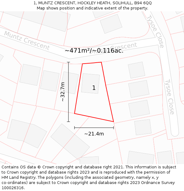 1, MUNTZ CRESCENT, HOCKLEY HEATH, SOLIHULL, B94 6QQ: Plot and title map