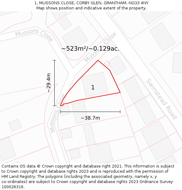 1, MUSSONS CLOSE, CORBY GLEN, GRANTHAM, NG33 4NY: Plot and title map