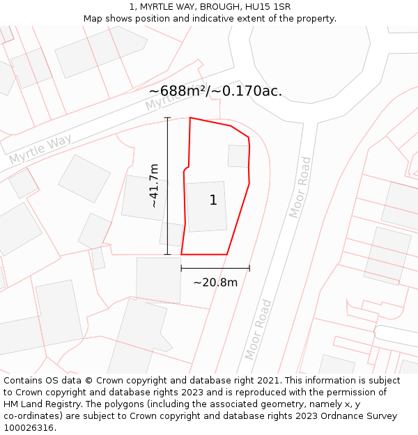 1, MYRTLE WAY, BROUGH, HU15 1SR: Plot and title map