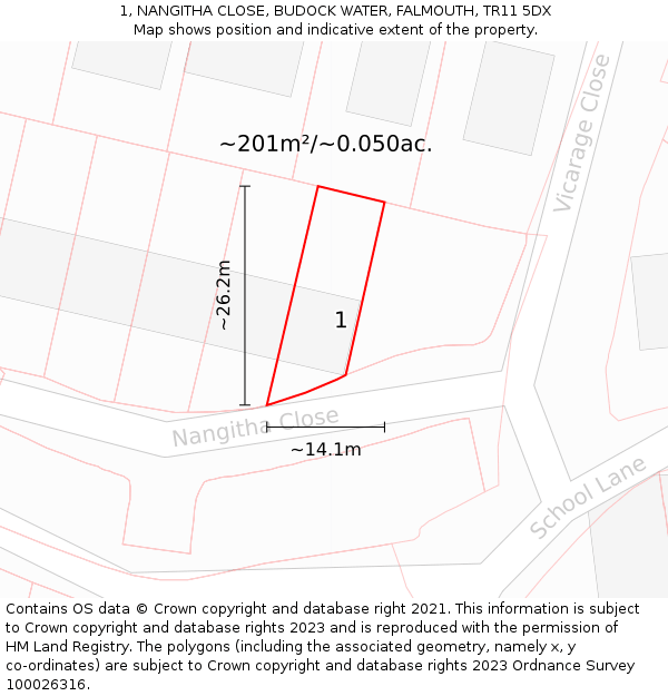 1, NANGITHA CLOSE, BUDOCK WATER, FALMOUTH, TR11 5DX: Plot and title map