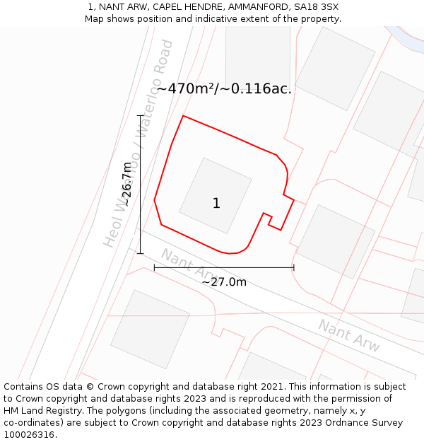 1, NANT ARW, CAPEL HENDRE, AMMANFORD, SA18 3SX: Plot and title map