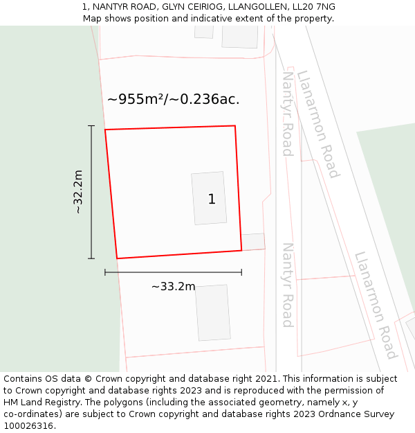 1, NANTYR ROAD, GLYN CEIRIOG, LLANGOLLEN, LL20 7NG: Plot and title map