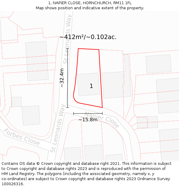 1, NAPIER CLOSE, HORNCHURCH, RM11 1FL: Plot and title map