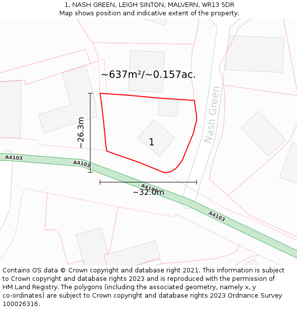 1, NASH GREEN, LEIGH SINTON, MALVERN, WR13 5DR: Plot and title map