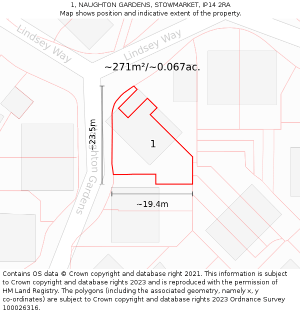 1, NAUGHTON GARDENS, STOWMARKET, IP14 2RA: Plot and title map