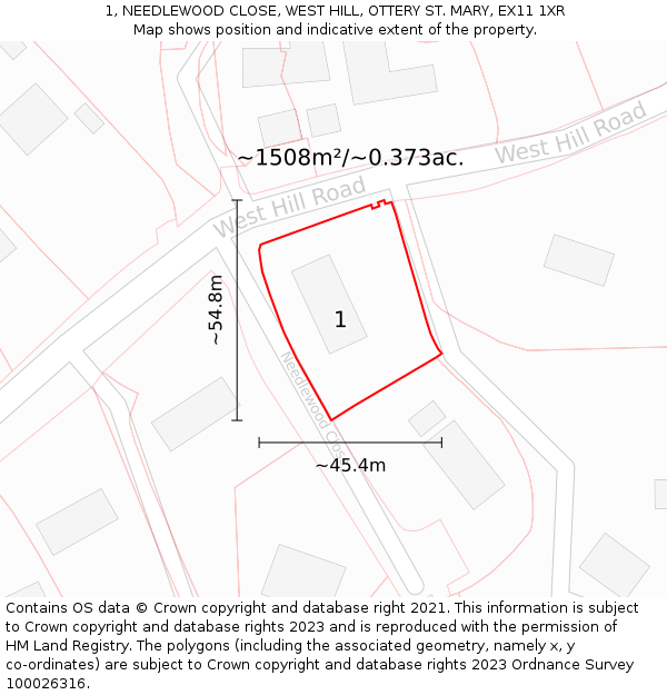 1, NEEDLEWOOD CLOSE, WEST HILL, OTTERY ST. MARY, EX11 1XR: Plot and title map