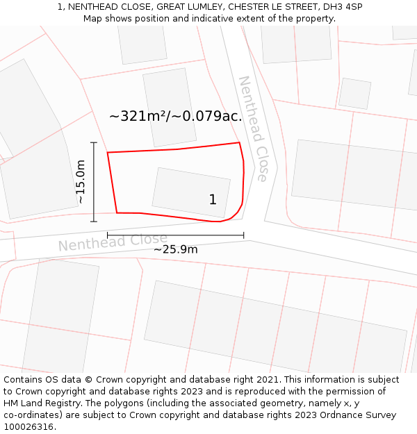 1, NENTHEAD CLOSE, GREAT LUMLEY, CHESTER LE STREET, DH3 4SP: Plot and title map