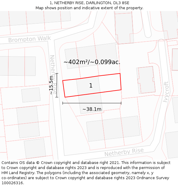 1, NETHERBY RISE, DARLINGTON, DL3 8SE: Plot and title map