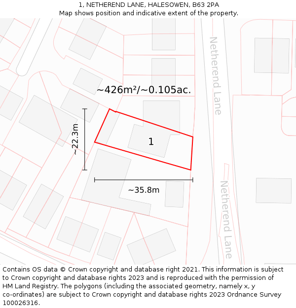 1, NETHEREND LANE, HALESOWEN, B63 2PA: Plot and title map