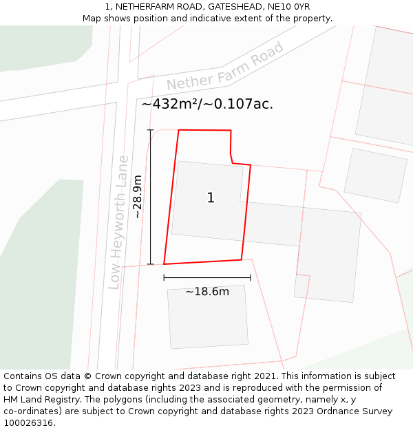 1, NETHERFARM ROAD, GATESHEAD, NE10 0YR: Plot and title map