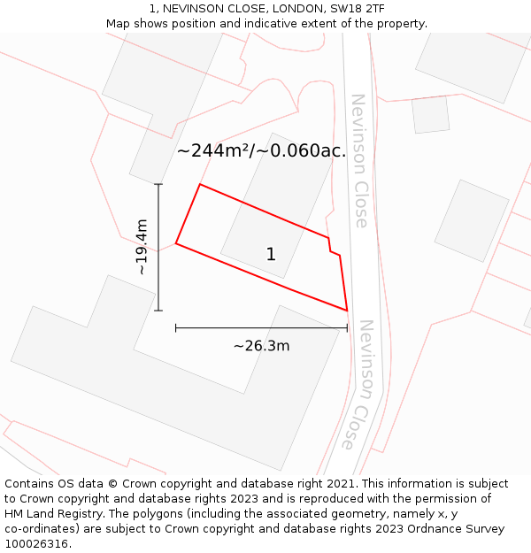1, NEVINSON CLOSE, LONDON, SW18 2TF: Plot and title map