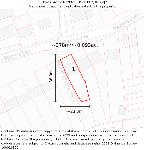 1, NEW PLACE GARDENS, LINGFIELD, RH7 6JD: Plot and title map