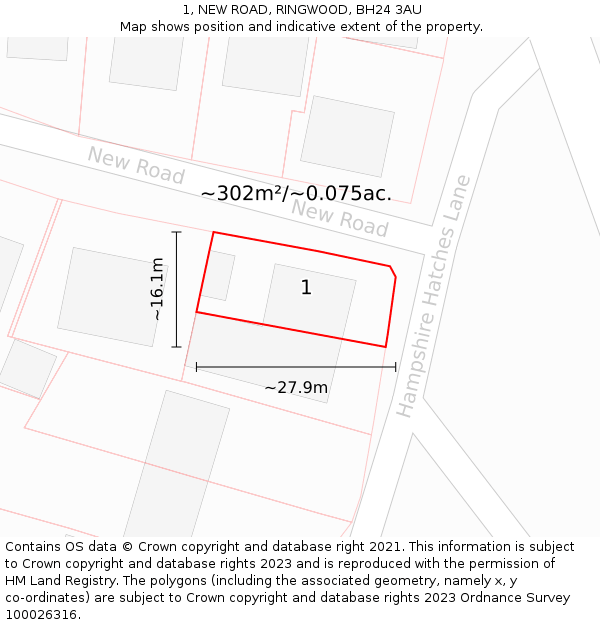 1, NEW ROAD, RINGWOOD, BH24 3AU: Plot and title map