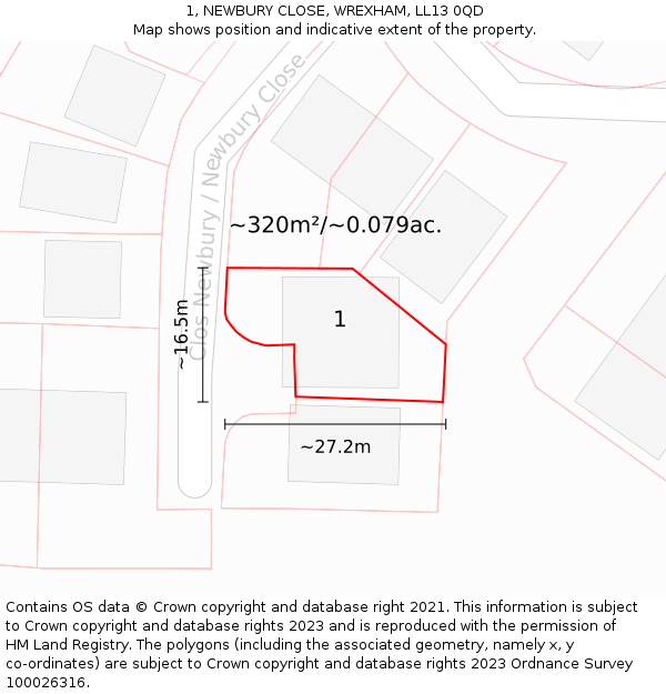 1, NEWBURY CLOSE, WREXHAM, LL13 0QD: Plot and title map