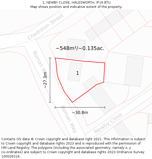 1, NEWBY CLOSE, HALESWORTH, IP19 8TU: Plot and title map