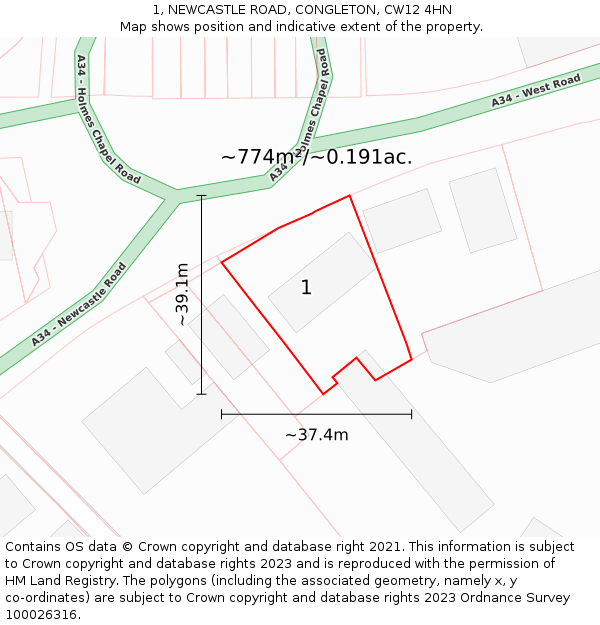 1, NEWCASTLE ROAD, CONGLETON, CW12 4HN: Plot and title map