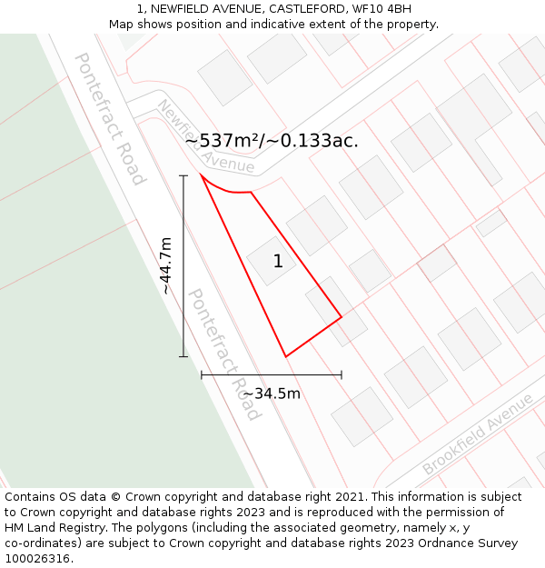 1, NEWFIELD AVENUE, CASTLEFORD, WF10 4BH: Plot and title map