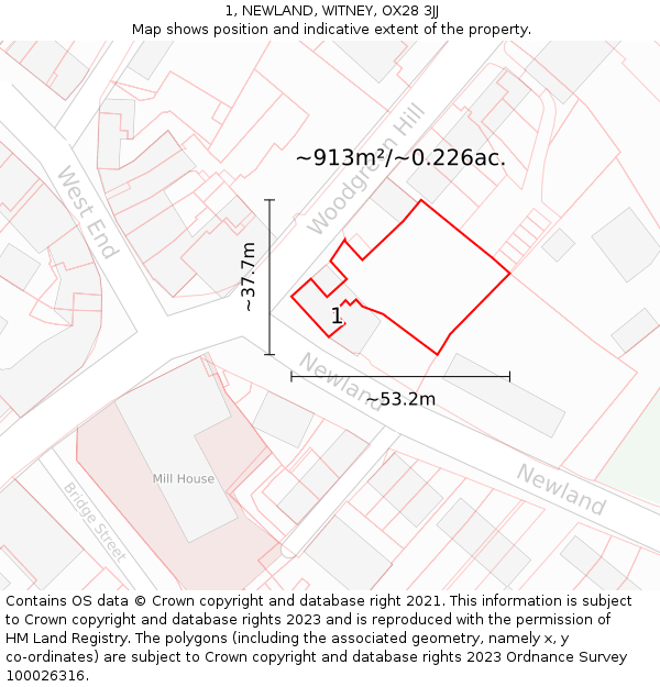 1, NEWLAND, WITNEY, OX28 3JJ: Plot and title map