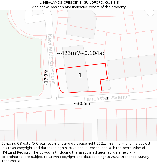 1, NEWLANDS CRESCENT, GUILDFORD, GU1 3JS: Plot and title map