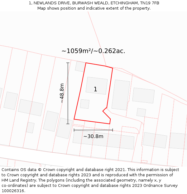 1, NEWLANDS DRIVE, BURWASH WEALD, ETCHINGHAM, TN19 7FB: Plot and title map