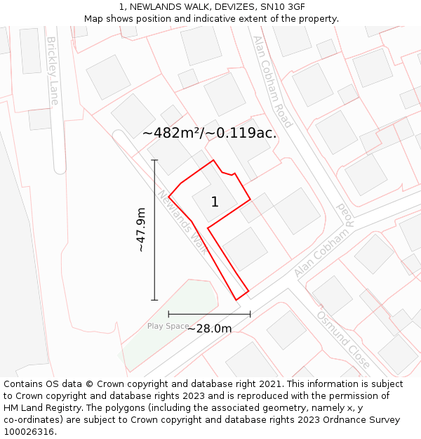 1, NEWLANDS WALK, DEVIZES, SN10 3GF: Plot and title map