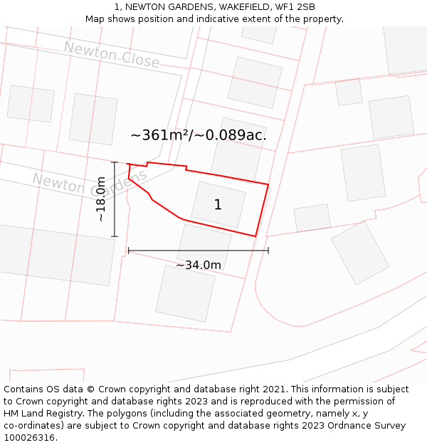 1, NEWTON GARDENS, WAKEFIELD, WF1 2SB: Plot and title map