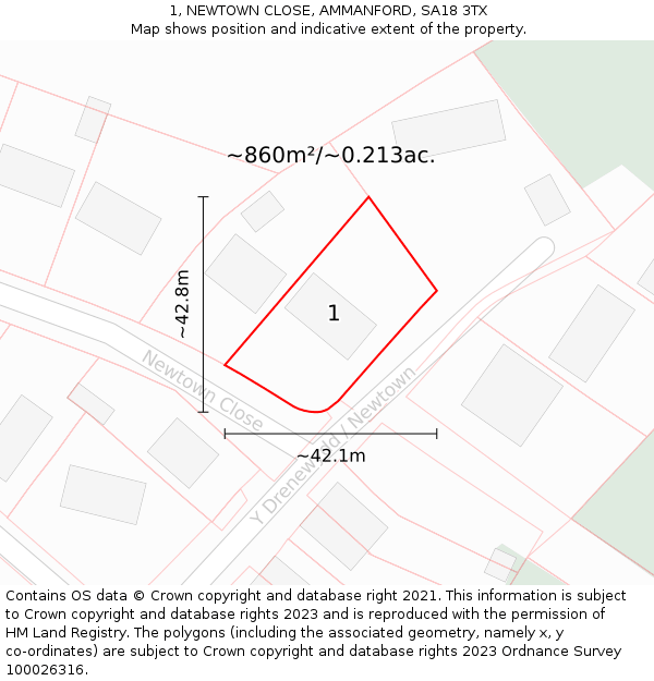 1, NEWTOWN CLOSE, AMMANFORD, SA18 3TX: Plot and title map