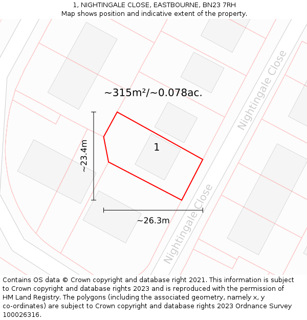 1, NIGHTINGALE CLOSE, EASTBOURNE, BN23 7RH: Plot and title map
