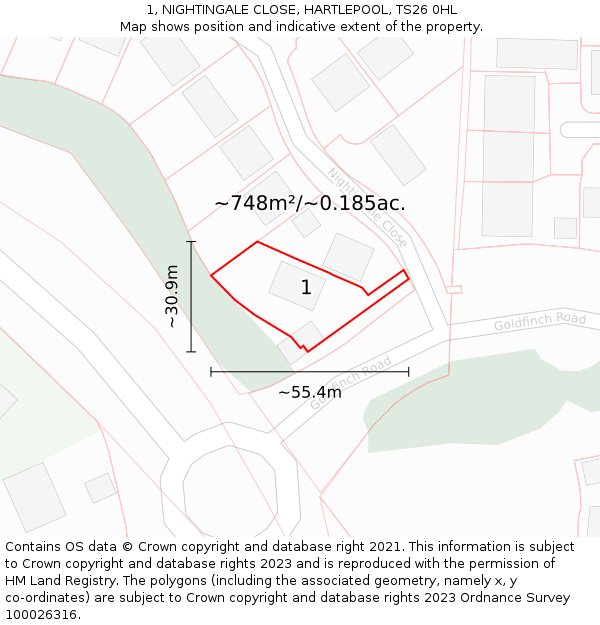 1, NIGHTINGALE CLOSE, HARTLEPOOL, TS26 0HL: Plot and title map