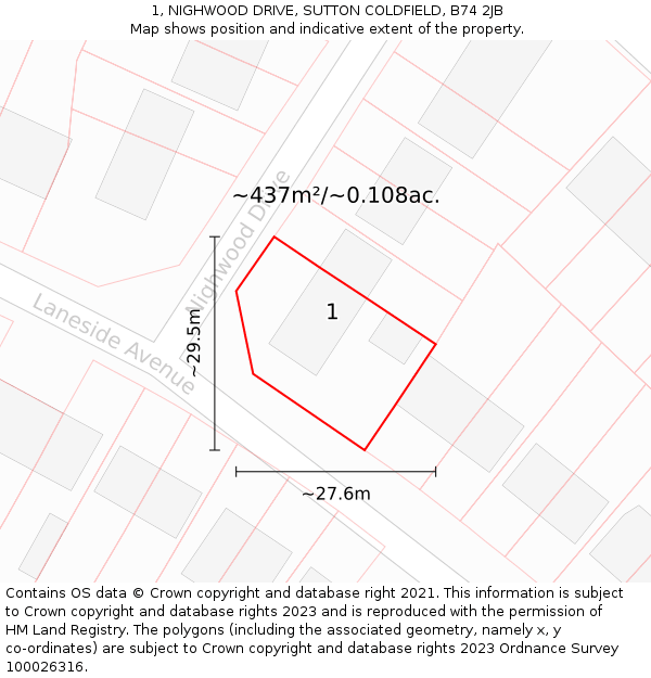 1, NIGHWOOD DRIVE, SUTTON COLDFIELD, B74 2JB: Plot and title map