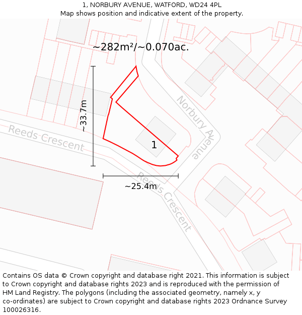 1, NORBURY AVENUE, WATFORD, WD24 4PL: Plot and title map